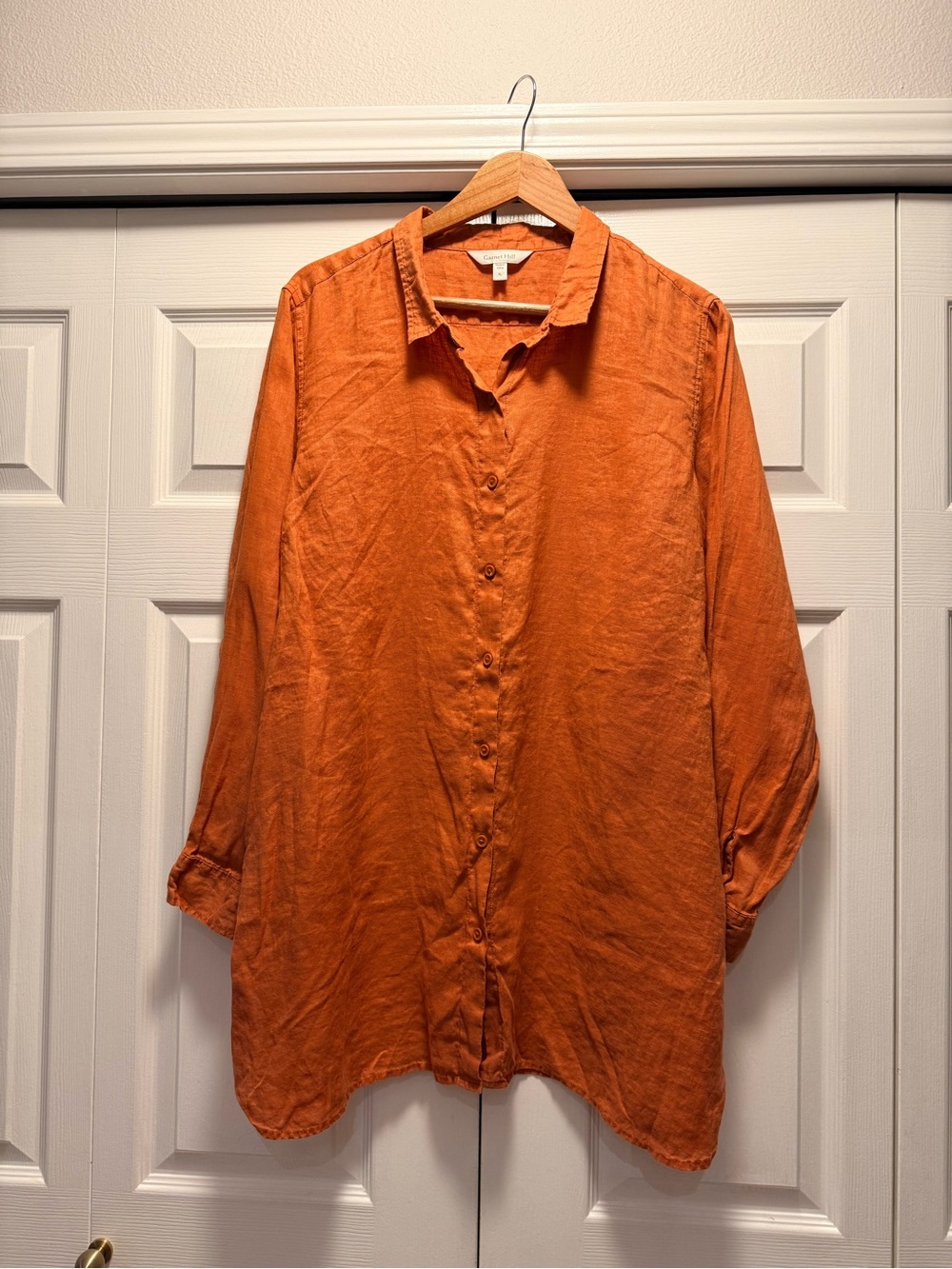 Women's Orange Linen Button-Up Shirt Tunic Length